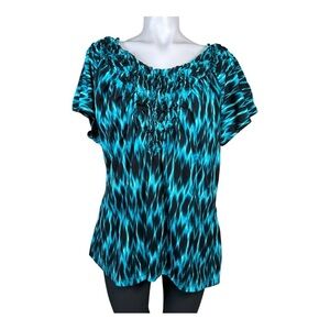 Worthington Petite Women’s Black Blue V Neck Blouse Size 2X Cap sleeve